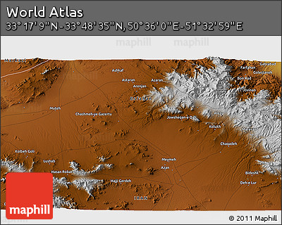 Physical 3D Map of the Area around 33° 32' 52" N, 51° 4' 30" E
