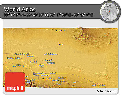 Physical 3D Map of the Area around 33° 32' 52" N, 52° 46' 29" E