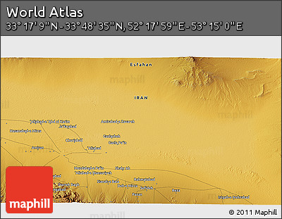 Physical 3D Map of the Area around 33° 32' 52" N, 52° 46' 29" E