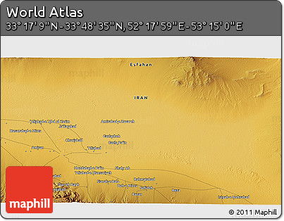 Physical 3D Map of the Area around 33° 32' 52" N, 52° 46' 29" E