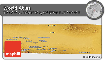 Physical Panoramic Map of the Area around 33° 32' 52" N, 52° 46' 29" E