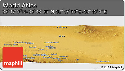 Physical Panoramic Map of the Area around 33° 32' 52" N, 52° 46' 29" E