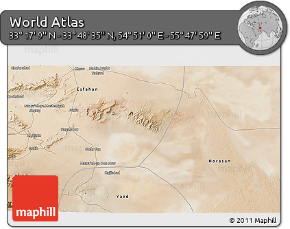 Satellite 3D Map of the Area around 33° 32' 52" N, 55° 19' 30" E