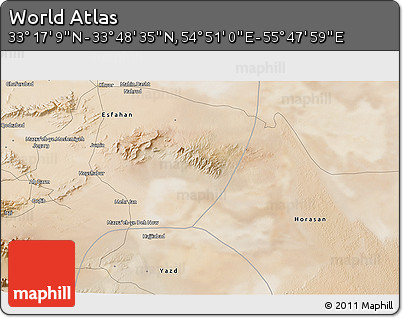 Satellite 3D Map of the Area around 33° 32' 52" N, 55° 19' 30" E