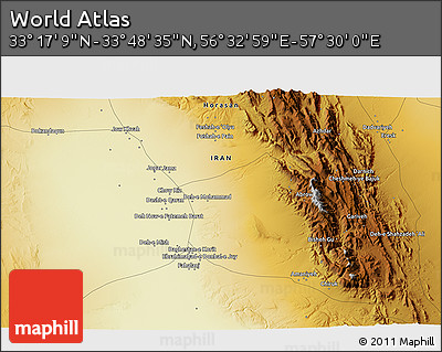 Physical 3D Map of the Area around 33° 32' 52" N, 57° 1' 29" E