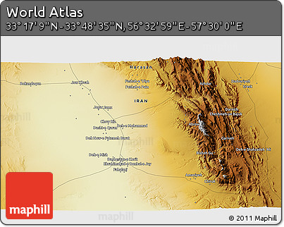Physical 3D Map of the Area around 33° 32' 52" N, 57° 1' 29" E