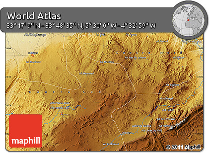 Physical Map of the Area around 33° 32' 52" N, 5° 1' 30" W
