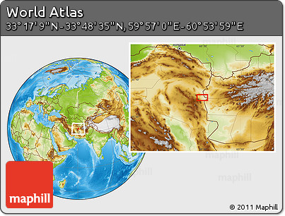 Physical Location Map of the Area around 33° 32' 52" N, 60° 25' 29" E