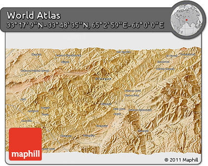 Satellite 3D Map of the Area around 33° 32' 52" N, 65° 31' 30" E