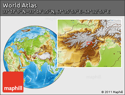 Physical Location Map of the Area around 33° 32' 52" N, 68° 4' 29" E