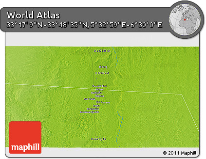 Physical 3D Map of the Area around 33° 32' 52" N, 6° 1' 30" E