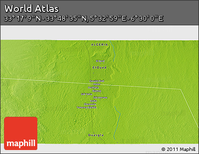 Physical 3D Map of the Area around 33° 32' 52" N, 6° 1' 30" E
