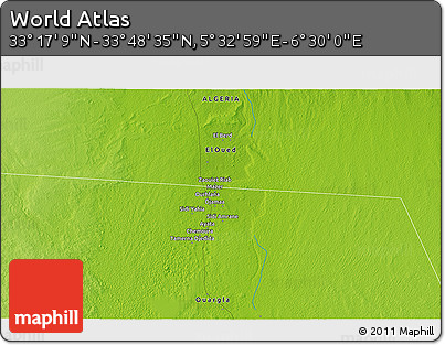 Physical 3D Map of the Area around 33° 32' 52" N, 6° 1' 30" E