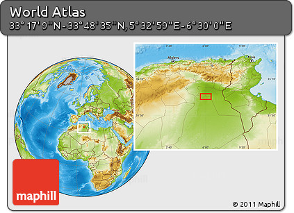 Physical Location Map of the Area around 33° 32' 52" N, 6° 1' 30" E