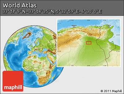 Physical Location Map of the Area around 33° 32' 52" N, 6° 1' 30" E
