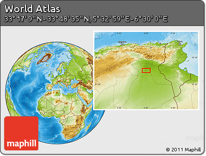Physical Location Map of the Area around 33° 32' 52" N, 6° 1' 30" E