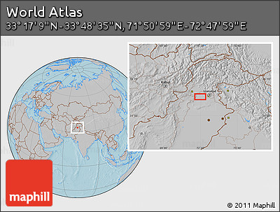 Gray Location Map of the Area around 33° 32' 52" N, 72° 19' 29" E, hill shading