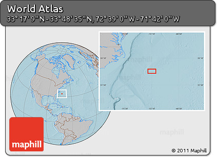 Gray Location Map of the Area around 33° 32' 52" N, 72° 10' 30" W, hill shading