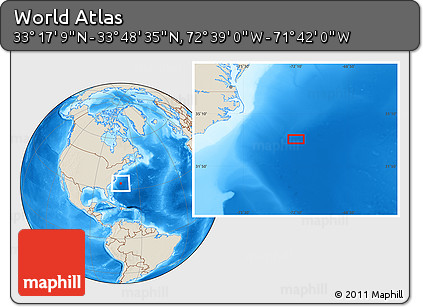 Shaded Relief Location Map of the Area around 33° 32' 52" N, 72° 10' 30" W