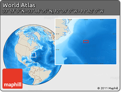 Shaded Relief Location Map of the Area around 33° 32' 52" N, 72° 10' 30" W