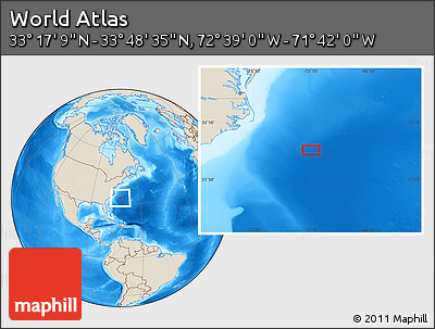 Shaded Relief Location Map of the Area around 33° 32' 52" N, 72° 10' 30" W