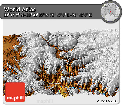 Physical 3D Map of the Area around 33° 32' 52" N, 75° 43' 29" E