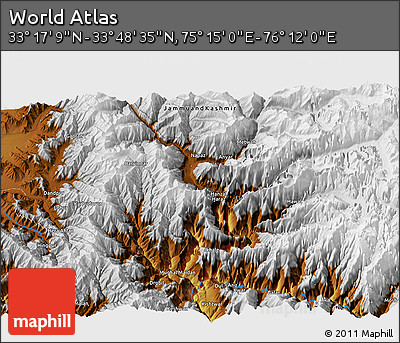 Physical 3D Map of the Area around 33° 32' 52" N, 75° 43' 29" E