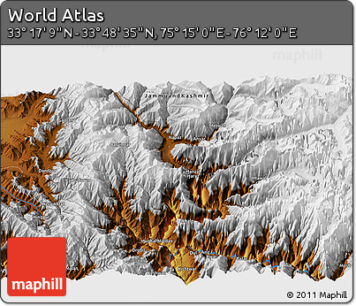 Physical 3D Map of the Area around 33° 32' 52" N, 75° 43' 29" E