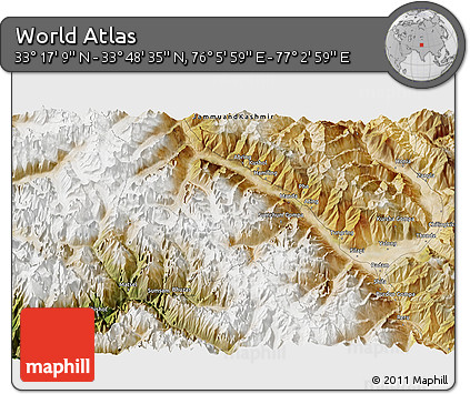 Satellite 3D Map of the Area around 33° 32' 52" N, 76° 34' 29" E