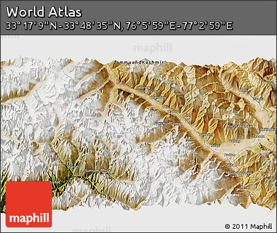 Satellite 3D Map of the Area around 33° 32' 52" N, 76° 34' 29" E