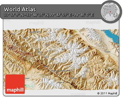 Satellite 3D Map of the Area around 33° 32' 52" N, 78° 16' 30" E