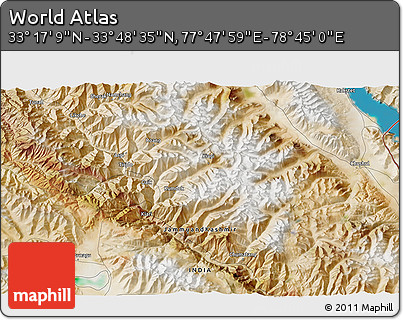 Satellite 3D Map of the Area around 33° 32' 52" N, 78° 16' 30" E