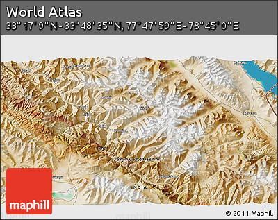 Satellite 3D Map of the Area around 33° 32' 52" N, 78° 16' 30" E