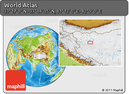 Physical Location Map of the Area around 33° 32' 52" N, 81° 40' 30" E