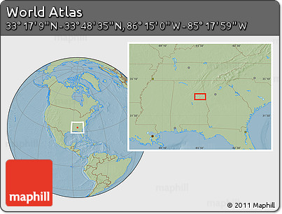 Savanna Style Location Map of the Area around 33° 32' 52" N, 85° 46' 30" W, hill shading