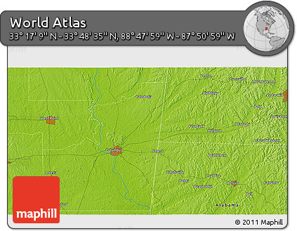Physical 3D Map of the Area around 33° 32' 52" N, 88° 19' 29" W