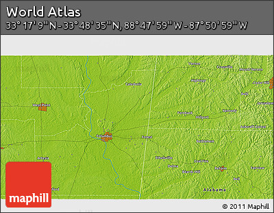 Physical 3D Map of the Area around 33° 32' 52" N, 88° 19' 29" W
