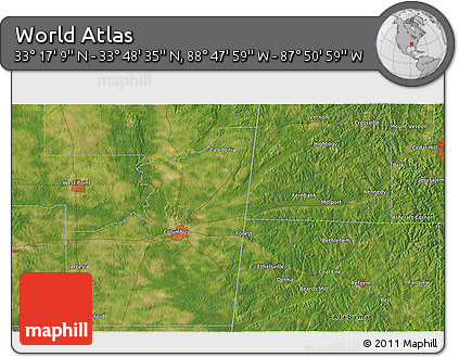 Satellite 3D Map of the Area around 33° 32' 52" N, 88° 19' 29" W