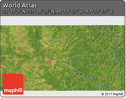 Satellite 3D Map of the Area around 33° 32' 52" N, 88° 19' 29" W