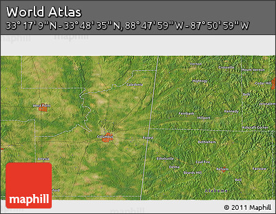 Satellite 3D Map of the Area around 33° 32' 52" N, 88° 19' 29" W