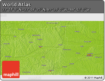 Physical 3D Map of the Area around 33° 32' 52" N, 89° 10' 30" W