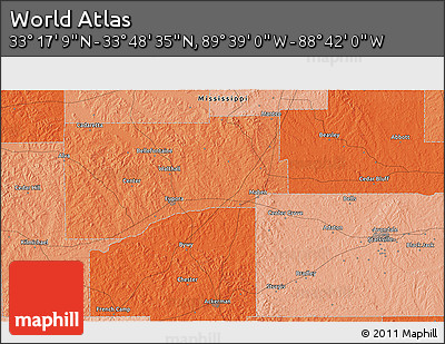 Political 3D Map of the Area around 33° 32' 52" N, 89° 10' 30" W