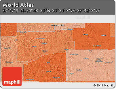 Political 3D Map of the Area around 33° 32' 52" N, 89° 10' 30" W
