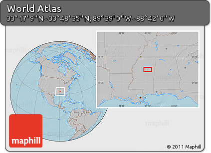 Gray Location Map of the Area around 33° 32' 52" N, 89° 10' 30" W, hill shading