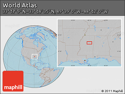 Gray Location Map of the Area around 33° 32' 52" N, 89° 10' 30" W, hill shading