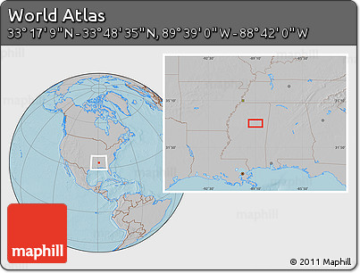 Gray Location Map of the Area around 33° 32' 52" N, 89° 10' 30" W, hill shading