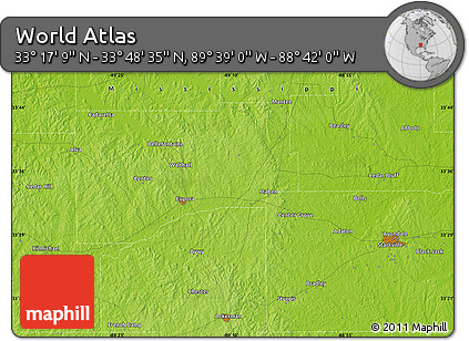 Physical Map of the Area around 33° 32' 52" N, 89° 10' 30" W