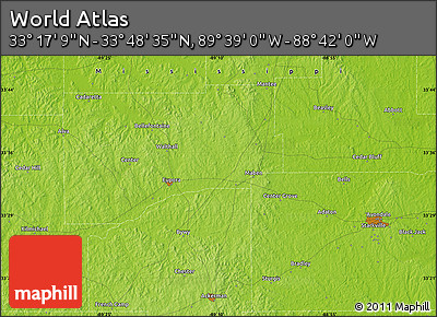 Physical Map of the Area around 33° 32' 52" N, 89° 10' 30" W