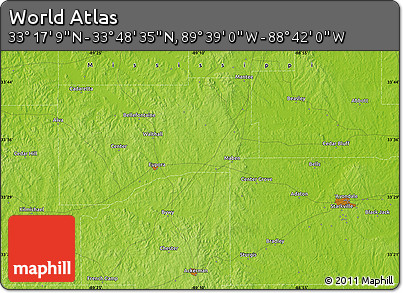 Physical Map of the Area around 33° 32' 52" N, 89° 10' 30" W