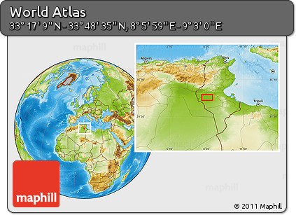 Physical Location Map of the Area around 33° 32' 52" N, 8° 34' 29" E